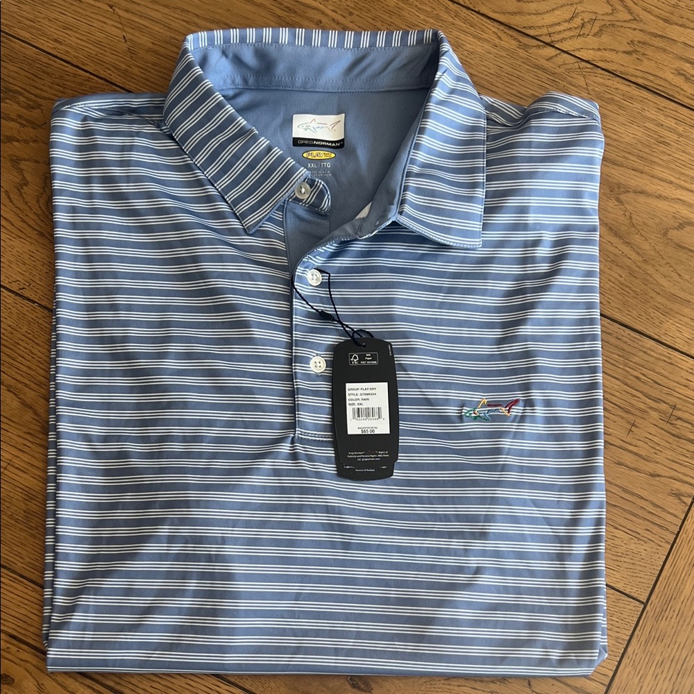 Greg Norman Collection Blue and White Striped Polo
